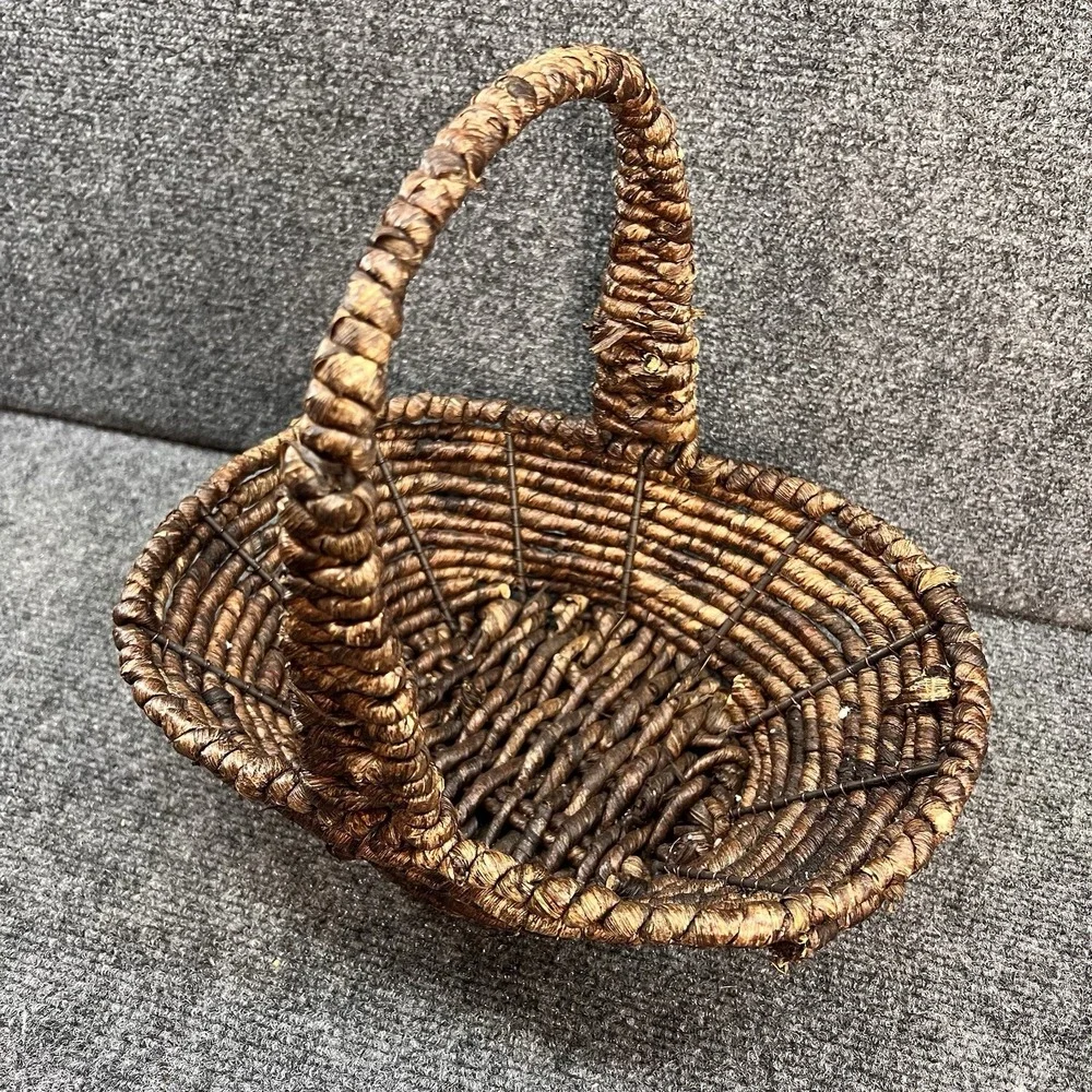 Dark Brown Woven Handled Oval Rustic Open Basket Heavy Cottagecore Boho Decor